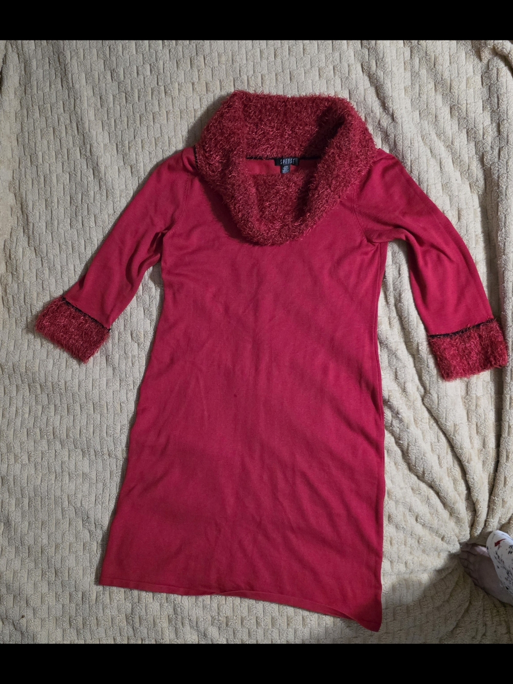 Spense Red Cowl Neck Sweater Dress with Fuzzy Trim